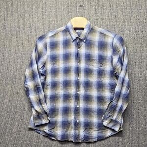 32 Bar Blues Shirt Mens XL Blue Olive Plaid Seersucker Button Down Casual Pocket